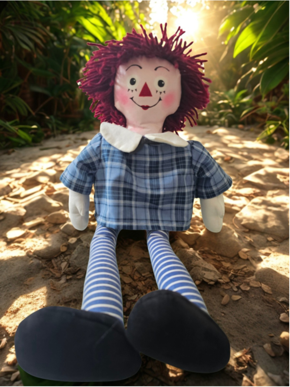 Vintage Raggedy Ann Style Cloth Rag Doll 28" Blue Plaid Dress Red Yarn Hair Soft